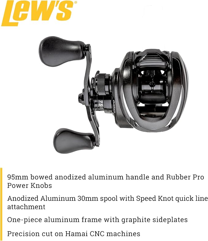 Lew’s Custom Baitcast Fishing Reel, 9+1 Bearings, Aluminum Frame and Sideplates, ParaMag RX Brake, Carbon Fiber Drag, Speed Gears, Black/Silver