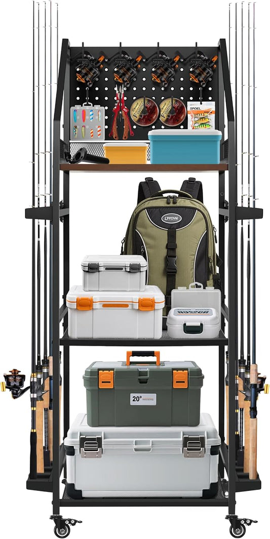 Fishing Pole Holders for Garage,3 Tiers Fishing Rod Rack,Holds up to 12 Rods,Fishing Organizer with Pegboard&Hooks&Lockable Wheels,Fishing Pole Storage for Reel Combos/Tackle/Fishing