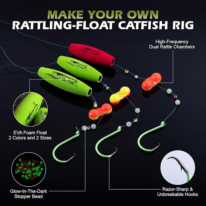 Goture Catfish Rig Making Kit,274pcs/300pcs Catfishing Tackle with Luminous Fishing Hook Swivel Sinker Weights Rattle Float Bobber Stoppers,Catfish Rigs Accessories with 3600 Tackle Box,Gifts for Men