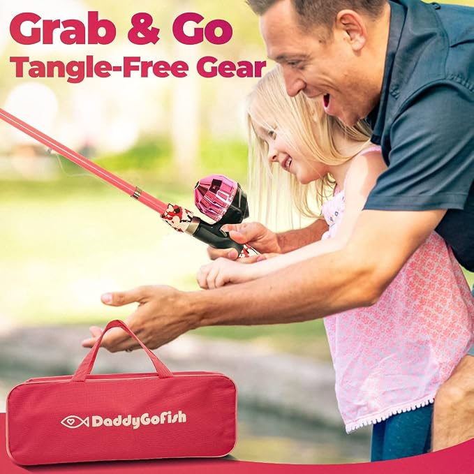 DaddyGoFish Kids Fishing Pole - Rod Reel Combo Tackle Box Starter Set - First Year Small Dock Gear Kit for Boys Girls Toddler Youth Age Beginner Little Children Junior Anglers