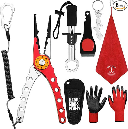 VioraWhite 8 Pieces Fishing Tools Kit Fish Hook Remover Set Include Fishing Pliers Lip Gripper Multifunction Scissors Gloves Towel Keychain Hook for Men Women Gifts