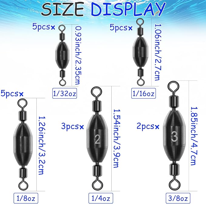 Fishing Weights Swivel Bullet Sinkers Brass Fishing Weights Saltwater Freshwater Bass Sinker Weight with Swivel Rolling 1/4oz, 1/8oz, 1/16oz，1/32oz, 3/8oz, 1/2oz