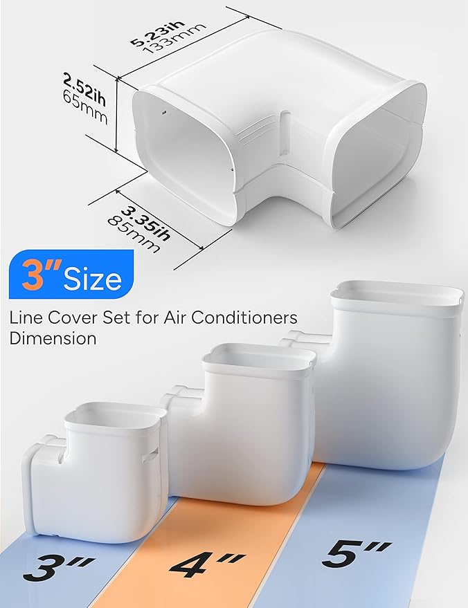 Flat Elbow, Flexible Level Bend Cover Line Set Cover Kit Accessories for Ductless Air Conditioners and Heat Pumps, PVC Decorative Upgraded UV-Proof Strong& Durable (3" Fixed)