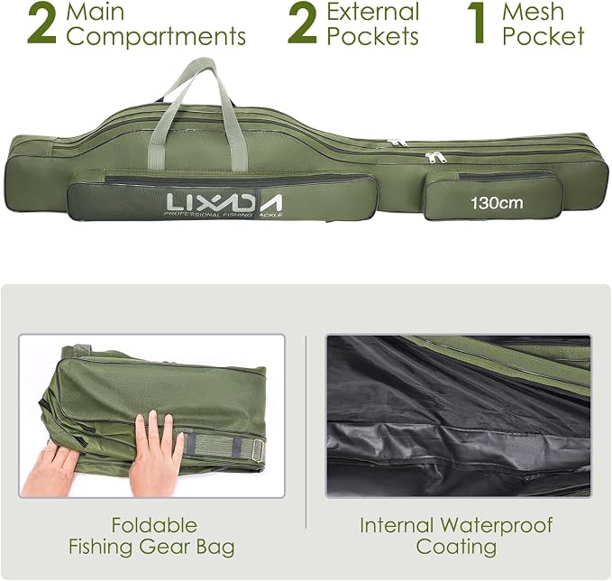 Lixada Fishing Rod Case, Portable Folding Fishing Rod Case Fishing Pole Reel Storage Bag Fishing Gears Organizer