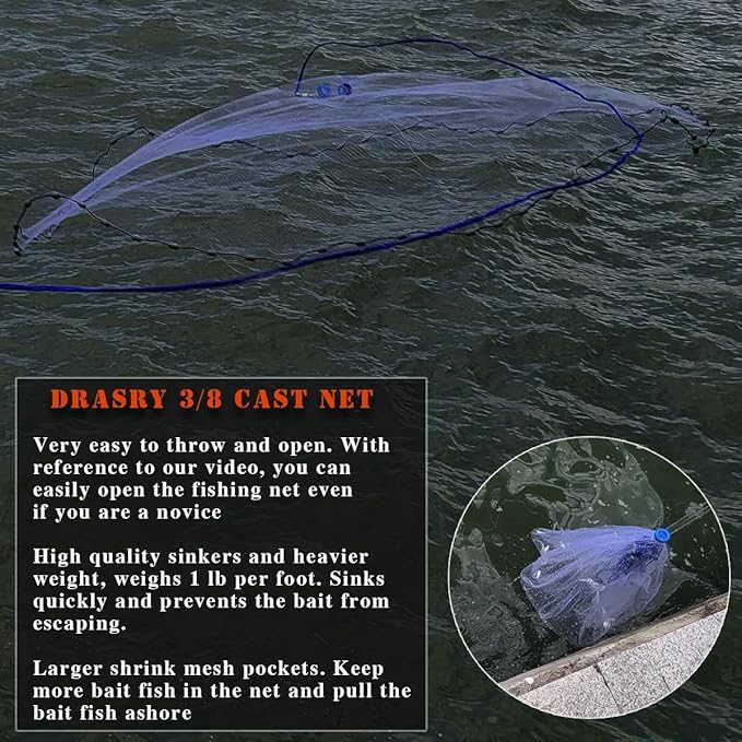 Drasry Saltwater Fishing Cast Net 3/8 and 1/4 Mesh with Heavy Duty Gray Sinker American Monofilament Fish Throw Net for Bait Trap 3FT 4FT 5FT 6FT 7FT 8FT 9FT Radius