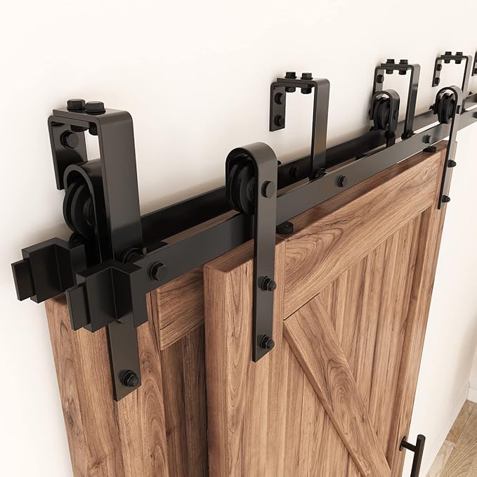 ZEKOO 16FT Double Track Bypass Sliding Barn Door Hardware Kit for 2 Doors, Bypass Barn Door Track Kit, Low Ceiling, Easy Install, J Shape Hanger, Fit 96" Wide Door Panel