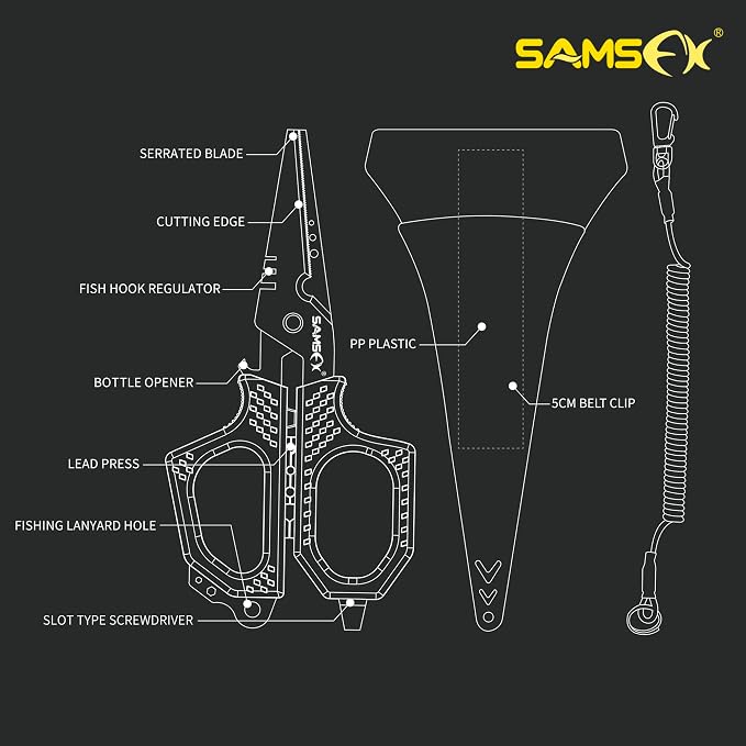 SAMSFX Fishing Braid Line Scissors Shears with Titanium Coating and Dual-Serrated Blade, Kraton Handle, Arrives with Hard Sheath and Coiled Lanyard (Yellow Kraton Handle)