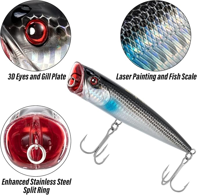 Dr.Fish Popper Saltwater Fishing Lures, 4/5.5 Inches GT Popper VMC Treble Hooks Surf Fishing Lures for Bass Striper Pike Salmon Offshore