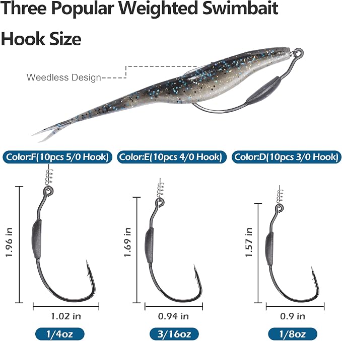 Fishing Bait Soft Plastic Lures 30/50 Pcs, Weighted Hooks 10 Pack & 40-Piece Set, 4in/5in Salty Split Tail Jerk Shad, 3/0 4/0 5/0 Weedless Swimbait Hook for Bass Fishing