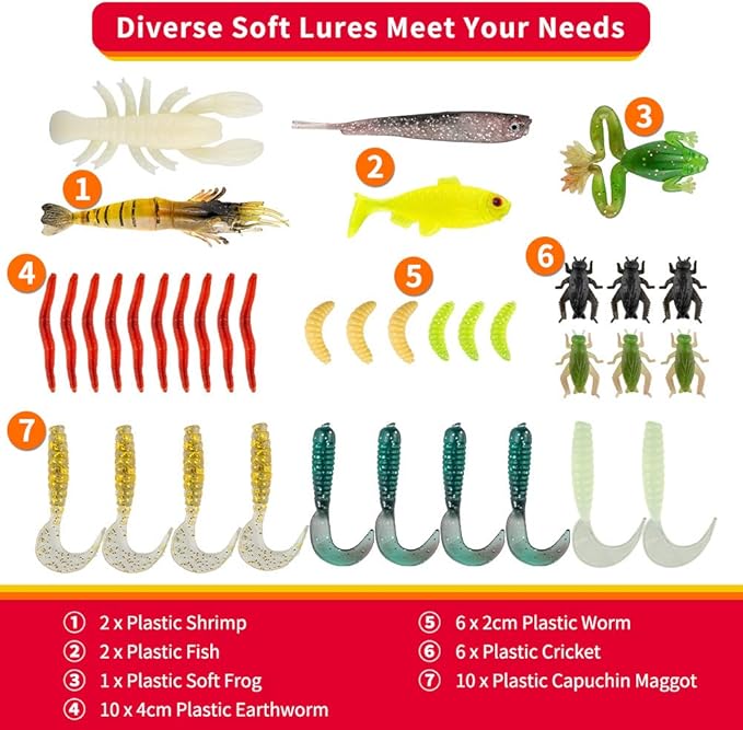 GOANDO Fishing Lures Kit for Freshwater Bait Tackle Kit for Bass Trout Salmon Fishing Accessories Tackle Box Including Spoon Lures Soft Plastic Worms Fishing Gifts
