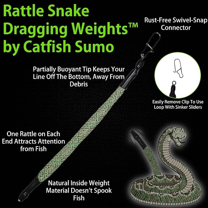 Rattle Snake Dragging Weights, Snagless Sinkers for Dragging, Trolling, and Drifting. Rattles to Attract Catfish