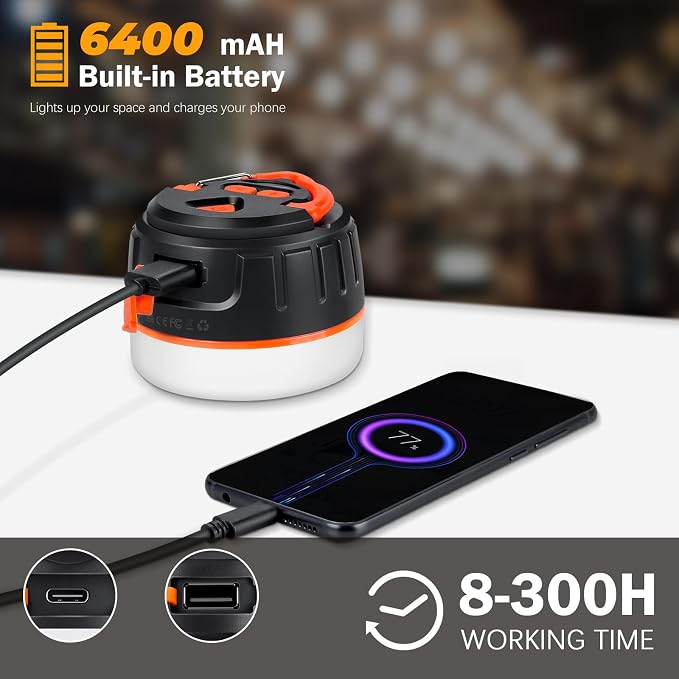 Yonktoo Camping Lantern Rechargeable, 300H Runtime, 6400mAh, IPX5 Waterproof Tent Light for Camping, Hiking, Power Outages, Home, Emergency - Standard Edition,Orange