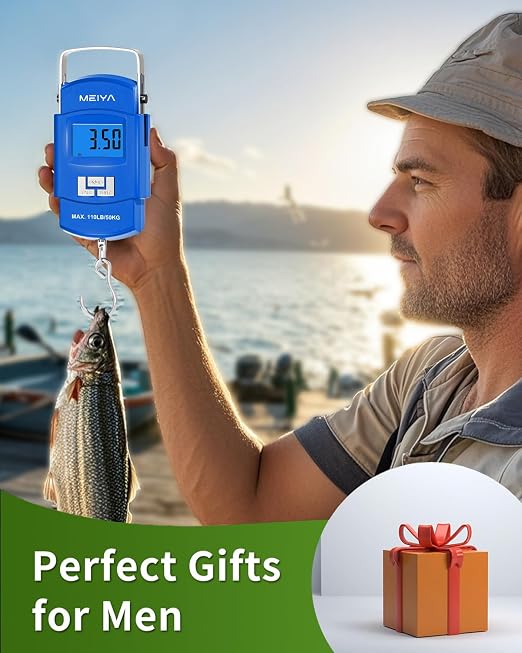 MEIYA Fish Scale 110lb Portable Luggage Scale Travel Digital Hanging Scale with Hook, Fishing Gifts for Men, Weighing Tool for Suitcases & Fish, Includes 2 AAA Batteries, Backlit LCD Display (Blue)