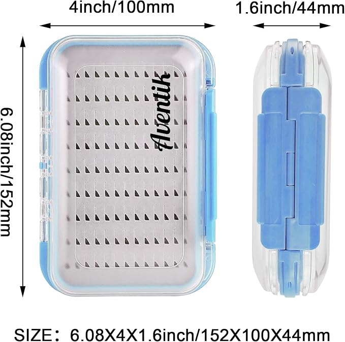 Aventik Waterproof Clear Fly Box Double Sides Floating Lightweight Fly Fishing Case Large Capacity Grip Foam Nymph Wet Dry Flies Lure Box(H18 Blue, SIZE B:6.08X4X1.6inch)