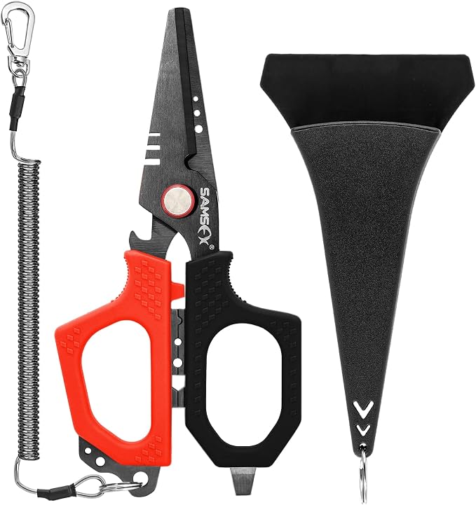 SAMSFX 6.5" Pro Fishing Shears Dual Serrated Blades, Fishing Braided Line Scissors with Titanium Coating, Non-Slip Grip & Multifunction Tool, Includes Hard Molded Locking Sheath & Coiled Lanyard