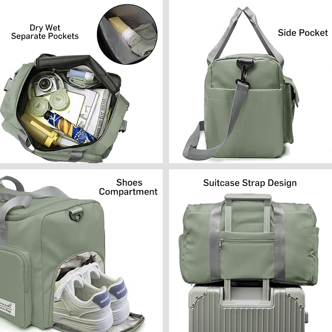 Suruid Travel Duffel Bag with Shoes Compartment Sports Gym Bag with Dry Wet Separated Pocket for Men and Women, Overnight Bag Weekender Bag Training Handbag Yoga Bag - Dark Green