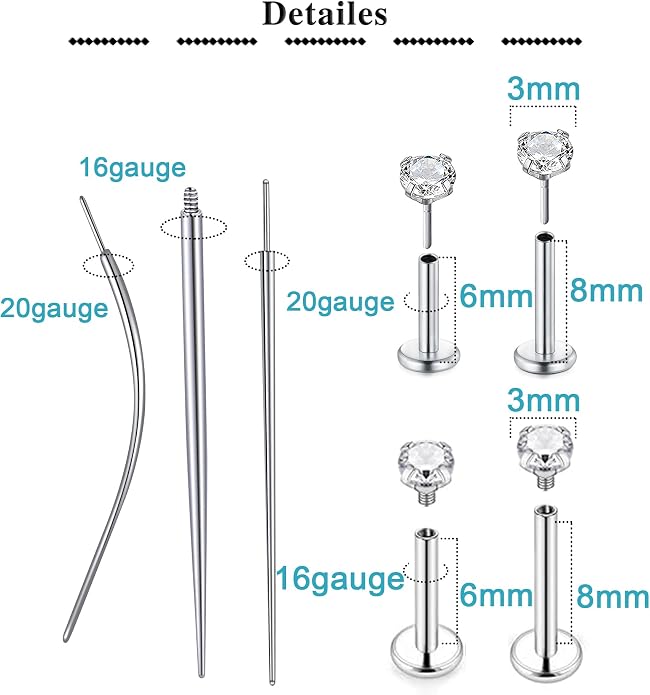 QWALIT Piercing Taper Threadless Insertion Tool - Titanium Labret Pin 16g, 18g, 20g