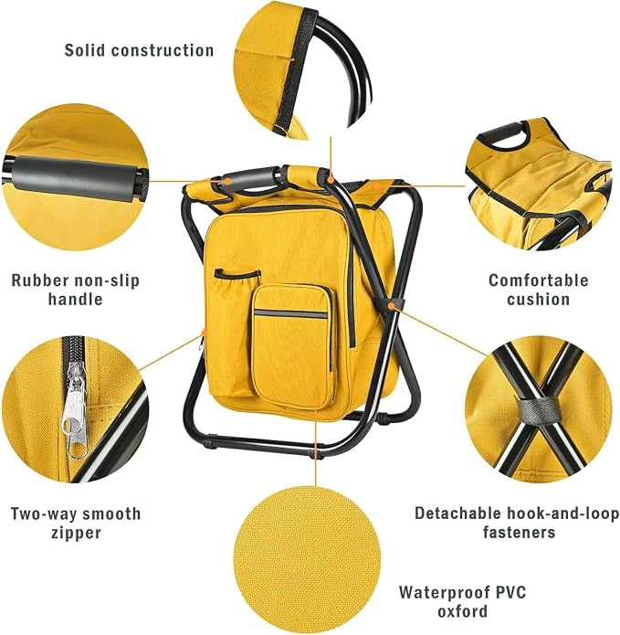 Kikerike Backpack Stool Cooler Chair Heavy Duty 300 LBS Max Load Portable Lightweight Stool Backpack Folding Fishing Cooler Seat for Camping Hunting Fishing - Yellow