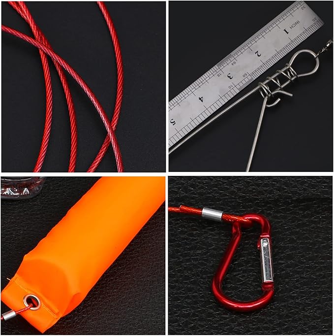 Fishing Stringer Live Fish Lock, Stainless Steel Fish Stringer Clip, Big Fish Wire Rope Cable with Float and Plastic Handle, Fishing Holder Kit with High Strength 10 Snaps/Buckles