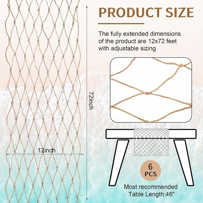 SATINIOR 6 Pcs Fish Net Party Decorations Fishing Net Table Runner 12x72'' Decorative Nautical Cotton Fishnet for Pirate Mermaid Hawaiian Ocean Beach Under the Sea Themed Party Decor (Linen)