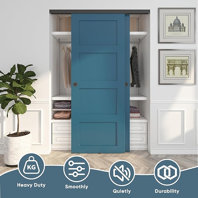 JUBEST 5FT Heavy Duty Bypass Door Hardware with Finger Pulls,Sturdy Aluminum Sliding Closet Door Track for 2 door System,Quietly and Smoothly,Fit Door Thickness 1 3/8" or 1 3/4",Easy to Install, Black