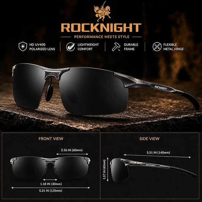 ROCKNIGHT Polarized Rectangular Sunglasses for Men Driving UV400 Protection Lightweight Al‑Mg Frame