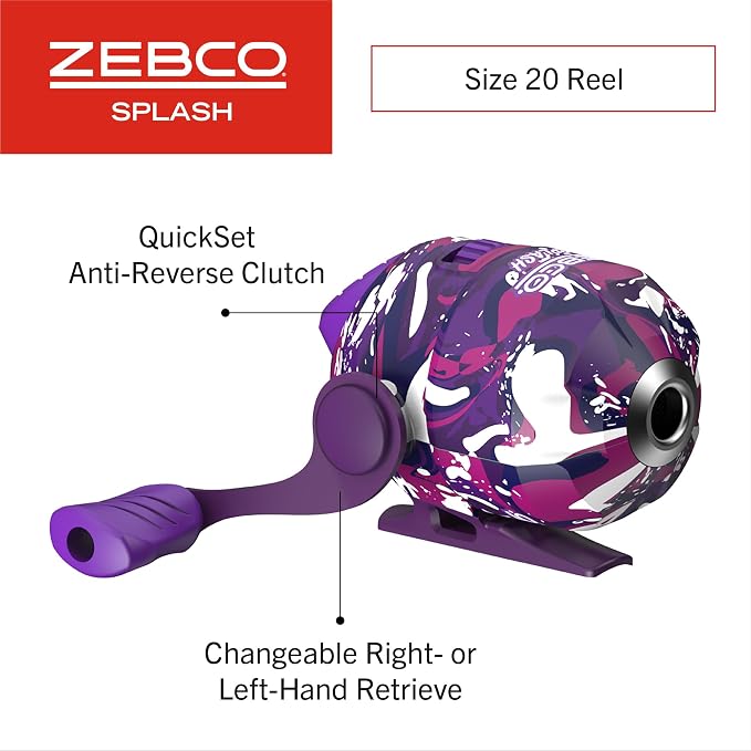 Zebco Splash Spincast Reel and Fishing Rod Combo, Fiberglass Rod, Ball Bearing System, All Metal Gears, 8-Pound Line