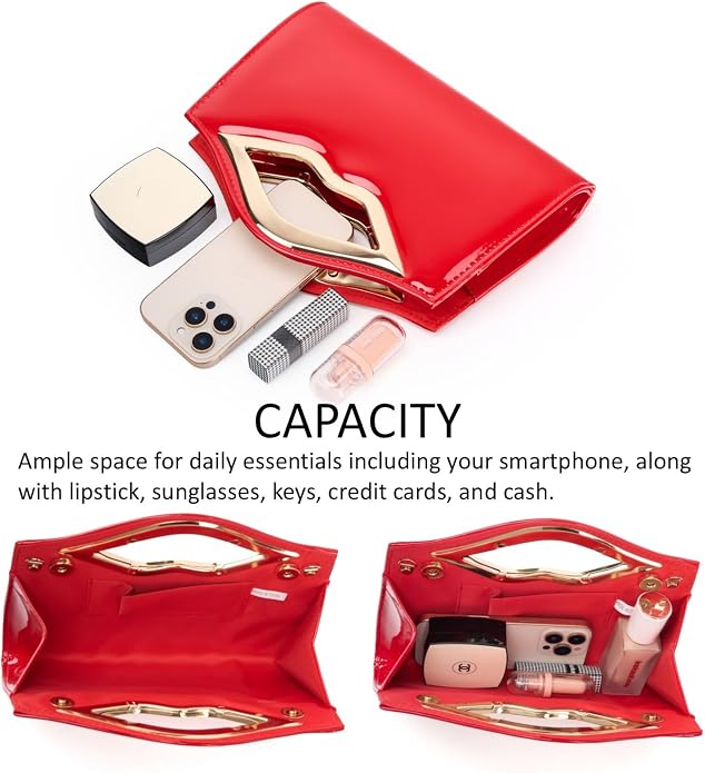 DETARA Patent Leather Evening Clutch Purse for Women Lip Metal Grip Handle Handbag for Cocktail Party Prom
