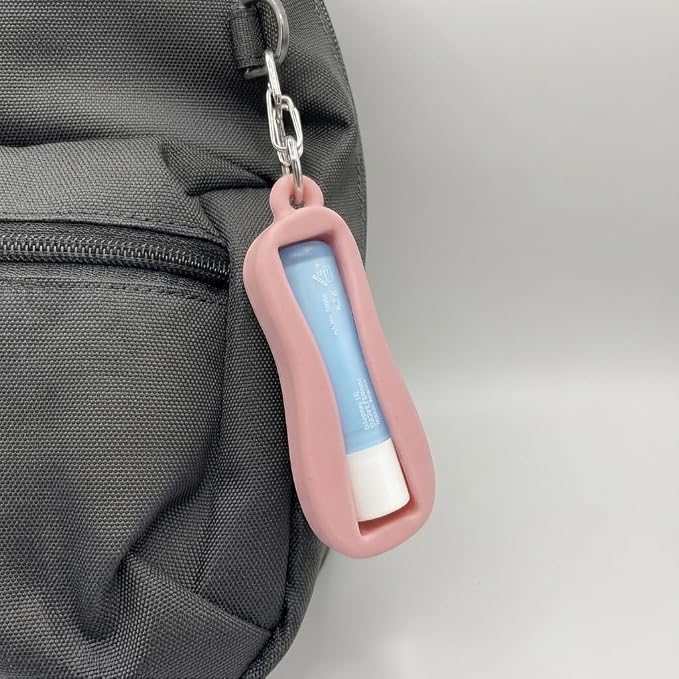 Cute Chapstick Holder keyring with Strap & Carabiner – Durable Silicone Lip Balm Keychain for Women & Backpacks (Pink)
