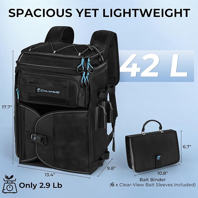 Calamus GearMaster Tackle Backpack with Bait Binder, Large Lightweight Water-Resistant Fishing Bag, Rod Holders, Food Storage