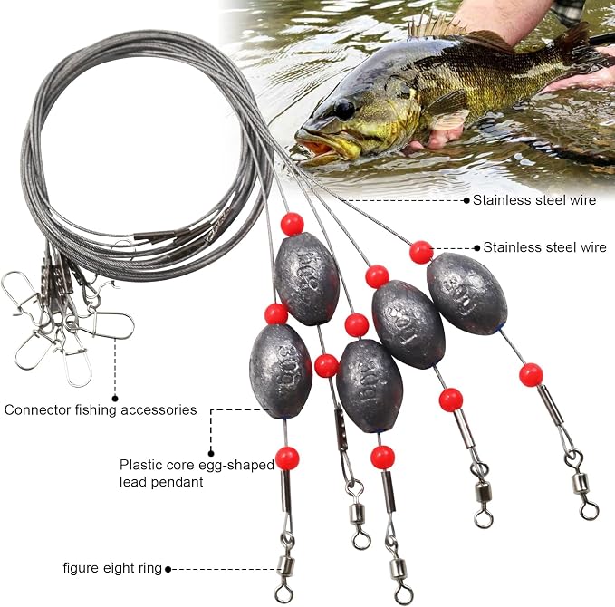 Fishing Egg Sinker with Soft Plastic Core Weight Rigs 5pcs Flounder Rig Saltwater,176.37lb Fishing Wire Leader with Egg Sinker Swivels Snap, Grouper Bottom Fishing Rigs
