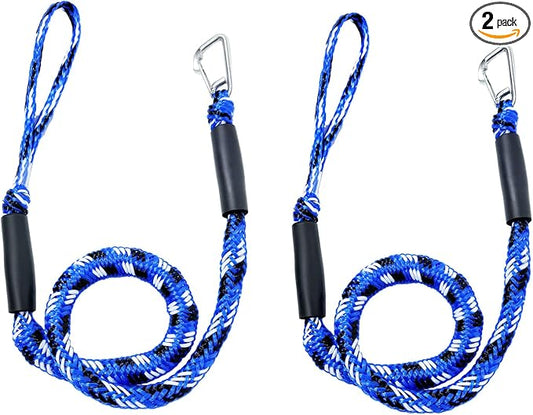 Bungee Dock Line with Stainless Steel Clip – Boat Dock Rope with Foam Float for Kayak, Canoe, Pontoon, Watercraft, SeaDoo, Docking – 4–5.5 ft, 2 Pack（Blue&White）