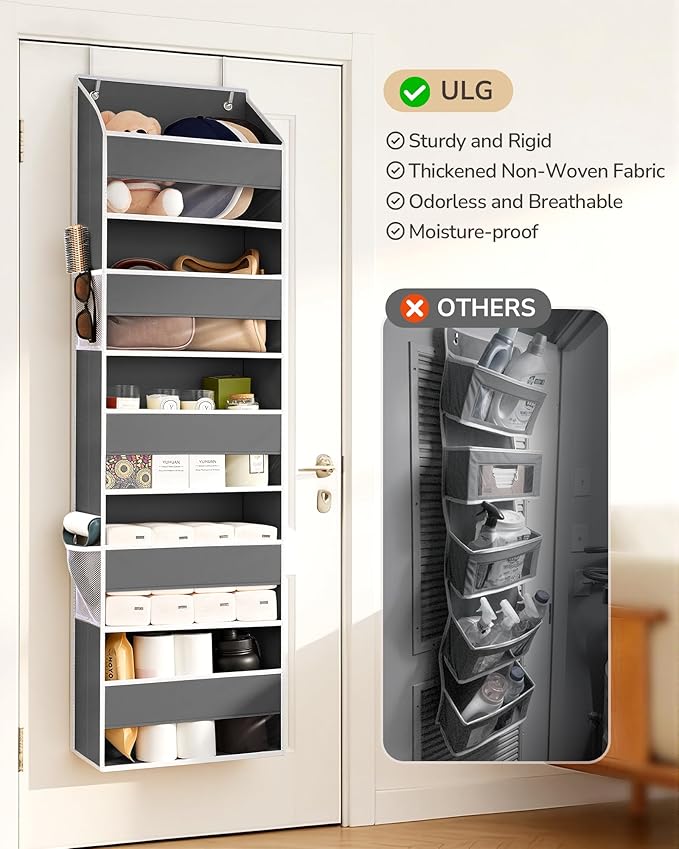 ULG Over-The-Door Organizer 5 Tiers, Large Pocket Hanging Rack with 4 Mesh Side Pockets, Space Saving Closet Door Organizer for Clothes, Shoes, Toys, Accessories, Support 44 LBS Max, Grey, 2-Pack