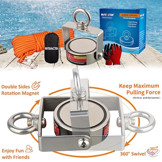 MUTUACTOR 800lbs Double-Sides Heavy Duty Swivel Magnet Fishing Kit
