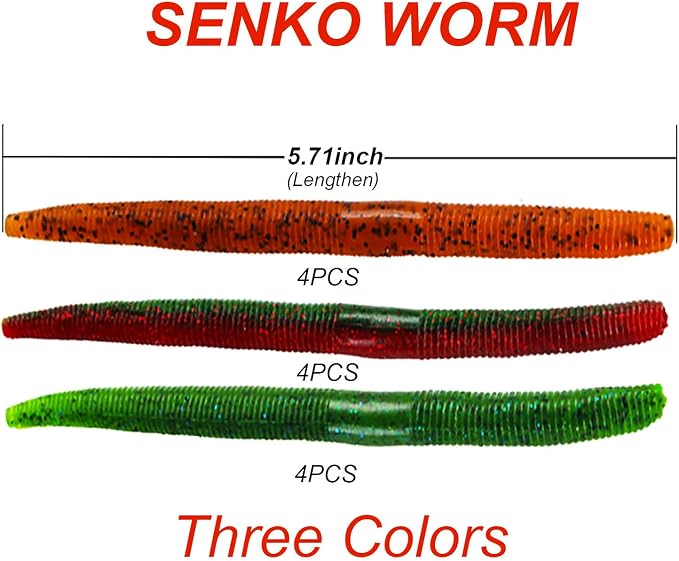 Senko Bait, 12PCS Fishing Soft Plastic Lures, 5.71inch Worms Bass Fishing Lure Kit Rubber Stick Baits with Salt for Wacky Rig Saltwater Freshwater