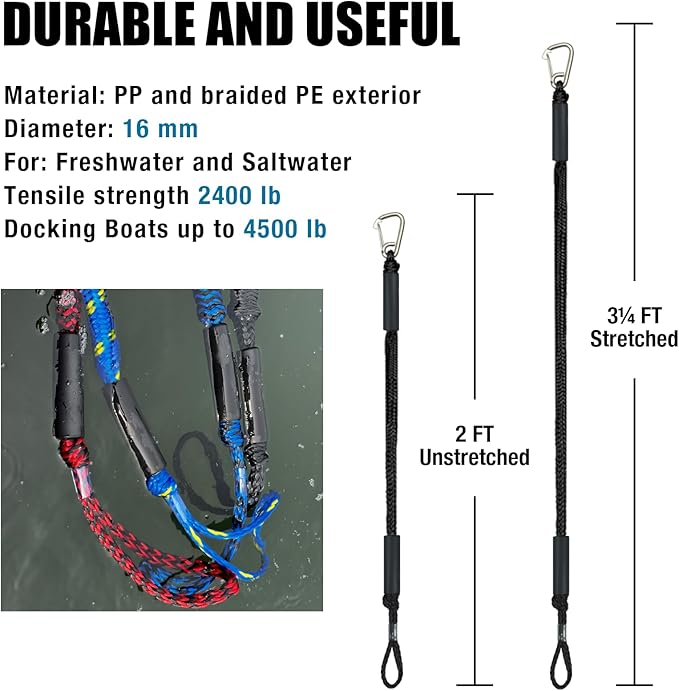 2FT Bungee Dock Line Boat Accessories 2pcs Fender Lines with 316 Stainless Clip for Boat Bumper/Boat Fender for Mooring for Jet Ski, Seadoo, Yamaha (Black, 2Feet)