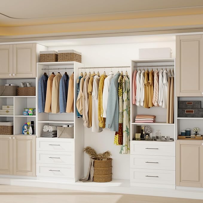 Closet System with Wooden Drawers, 8FT Closet Organize System with Drawers & Hanging Rods &for Walk in Closets, 4PCS*24" Freestanding Closet System, White(8FT)