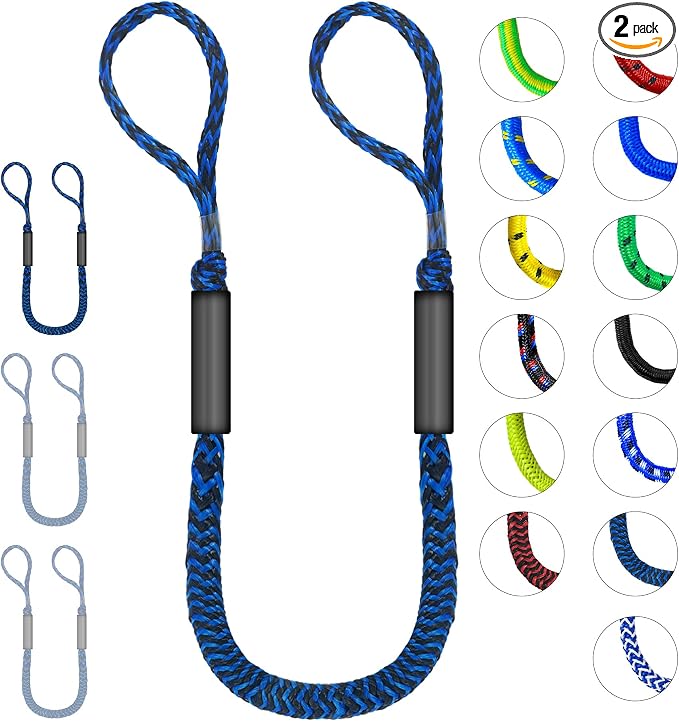 2-Pack Bungee Dock Lines for Boats with Loops, Boat Tie Downs for Docking, Adjustable Boat Mooring Rope for Pontoon, Jon Boat & PWC (Blue & Black Waves, 4 FT)