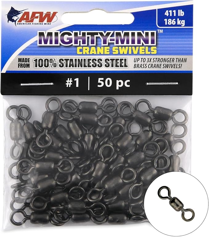 AFW American Fishing Wire Fishing Swivels - Mighty Mini 100% Stainless Steel Crane Swivels, 3X Stronger Than Brass, for Terminal Tackle Box, Up to 600lb Test - Fishing Gear for Fishing Line Leaders