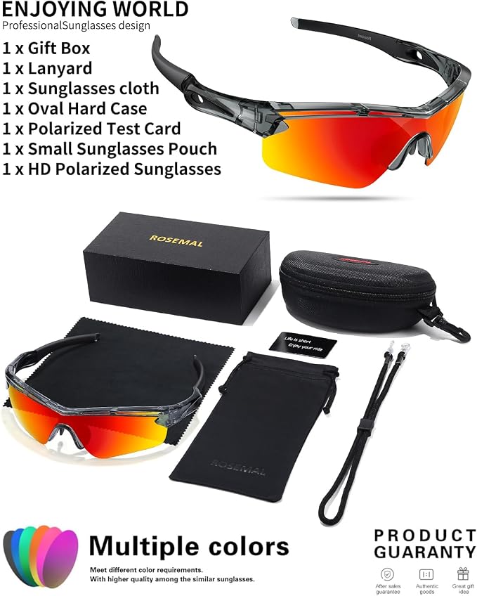 Rosemal Sports Sunglasses Polarized Cycling Sunglasses Running Driving Fishing Hiking for Men Women UV400 TAC TR90