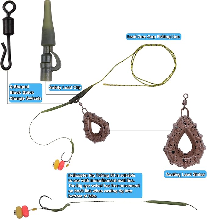Carp Fishing Rig Set Hair Rigs Fishing Accessories with Weight Sinker Quick Change Rolling Swivel Sleeves Barb Hook Corn Bait Carp Tackle Rigs
