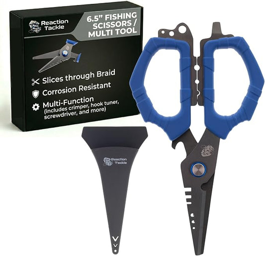 Reaction Tackle Fishing Line Scissors – 6.5” Heavy Duty Braid Shears with Serrated Stainless Steel Blades, Multi-Tool Fishing Scissors with Sheath, Braided Line Cutters, Mono, Fluoro & Wire