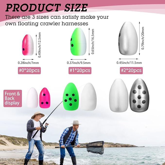 Skylety 60 Pieces Foam Floats Bullet Fishing Foam Snell Fishing Rig Floats Spinner Oval Pompano Rigs Fly Strike Indicators for Trout Catfish Walleye