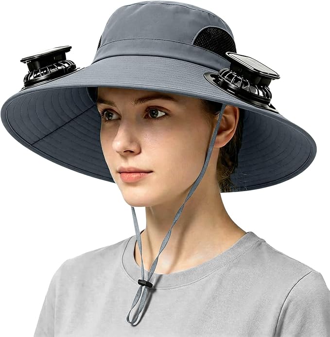 Solar Powered Fan Hat for Men Women Wide Brim Hat with 2 Fans UPF 50+ Outdoor Fishing Beach Sun Hat