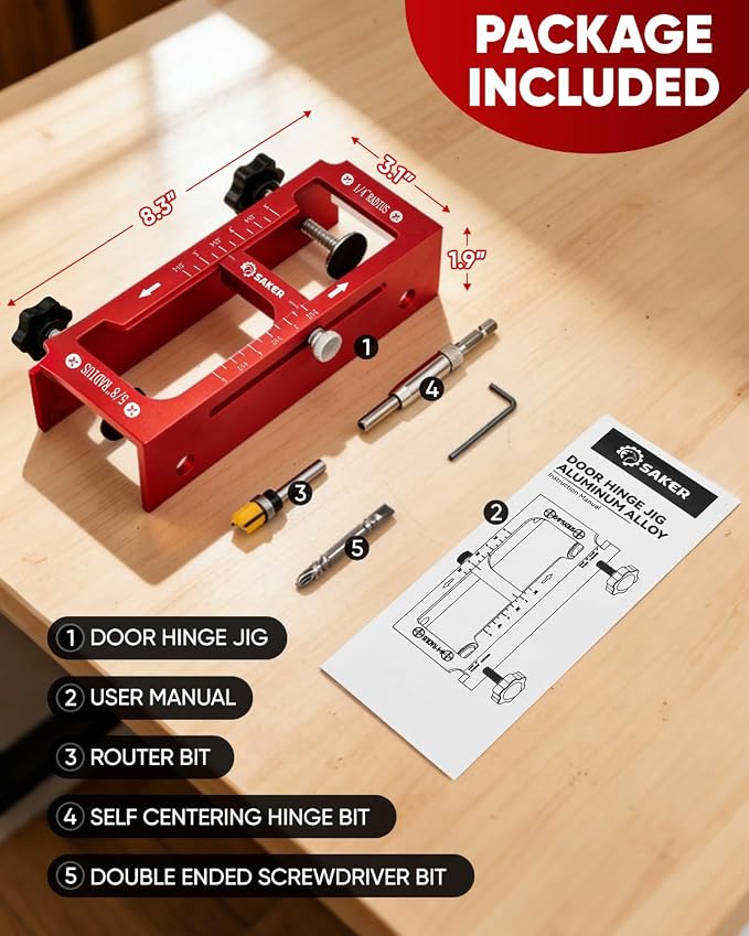 Saker Door Hinge Jig,Adjustable Door Jamb Hinge Jig,Aluminum Alloy Doors Hinges Router Jigs,Fits Door Hinges from 2.5" to 5" Length and Thicknesses,Radius 1/4” or Radius 5/8”