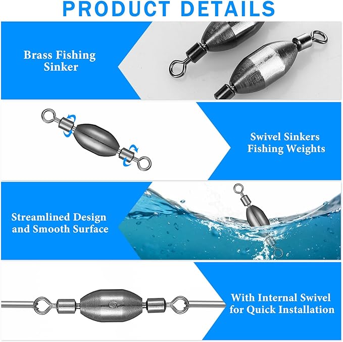 Seenelling 20 Pcs Brass Fishing Sinker Swivel Fishing Weights Saltwater Bullet Sinkers Drop Shot Weight Egg Sinkers with Swivel Rolling Removable Freshwater