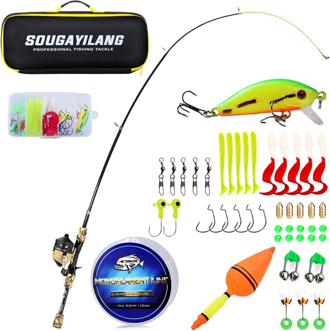Sougayilang Kids Fishing Rod and Reel Combo,Light Weight Fishing Pole with Spincast Fishing Reel Tackle Bag Lures for Youth,Girls and Boys Good Starter Fishing Kit