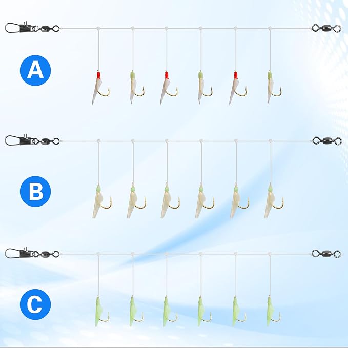 OROOTL Fishing Bait Rigs Saltwater, 6 Packs Surf Fishing Rigs with Sharp Hooks Fish Skin Feather Swivel Snap Glow Saltwater Lures Sea Bass Cod Herring Hook Rig Size 4 6 8