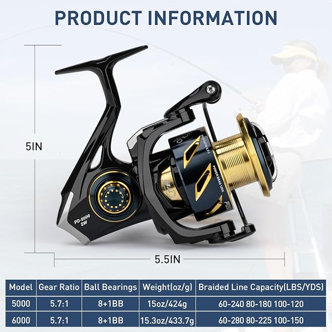 THKFISH Powerful Metal Spinning Fishing Reel, Carbon Fiber 26 LBs Max Drag - 8+1BB Surf Spinning Fish Reel for Saltwater Rell Freshwater Rell 5000/6000