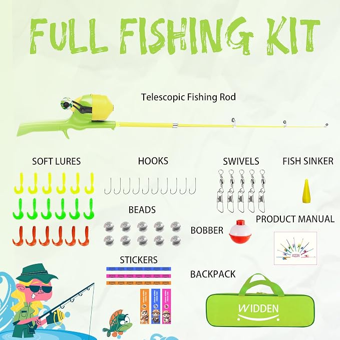 Kids Fishing Pole, Telescopic Fishing Rod, Toddler Collapsible Fishing Rod and Reel Combo with Tackle Box, Fishing Line, Bobber, and Soft Lures for Boy, Girl, Youth, Beginner, Over 4 Years Old